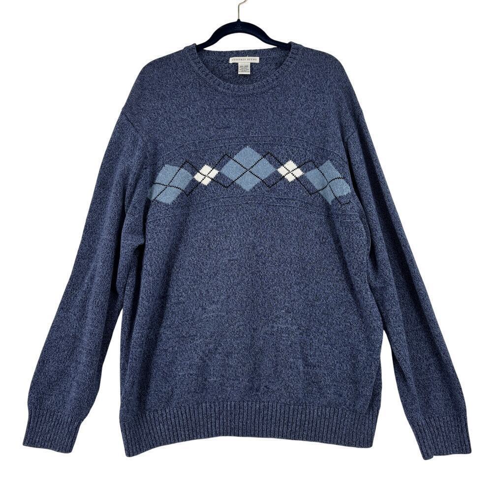 Geoffrey Beene Argyle Sweater Men's XXL Blue White 100% Cotton Long Sleeve